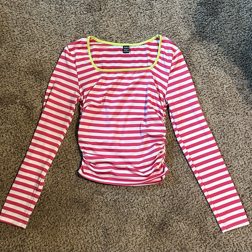 SHEIN Pink and White Striped Long Sleeve Top with Yellow Trim